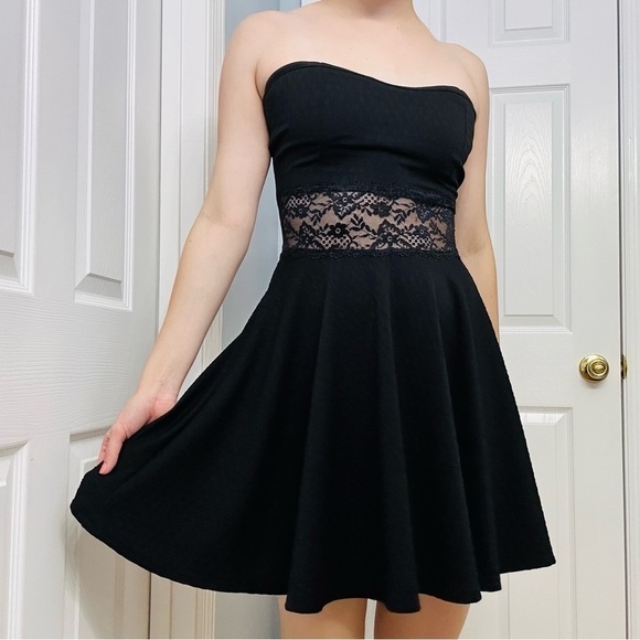 Y2K Dress Mini Black Strapless Cut Out Lace Waist Black Grunge A-line Medium - Picture 1 of 7